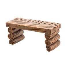 a wooden bench made out of logs with spirally carved wood wheels on each end