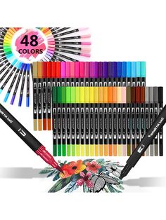 an assortment of markers and pens with the number 48 colors in front of each one