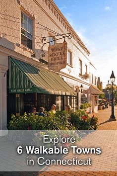 an image of people walking down the sidewalk in front of shops and restaurants with text overlay