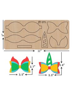 a wooden cutting board with two bow ties on it and the measurements for each piece