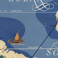 an old poster with a sailboat on the ocean and other boats in the water