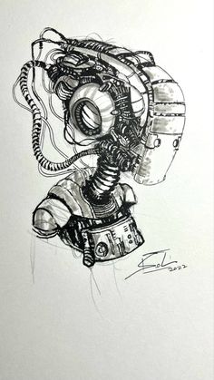 an ink drawing of a robot wearing a gas mask