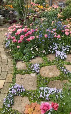 the garden is full of colorful flowers and plants