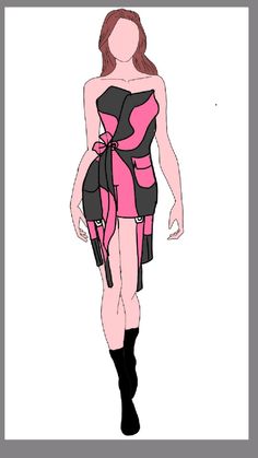 a drawing of a woman in a pink and black dress with thigh high boots on