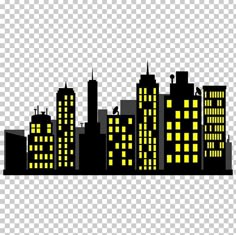 the silhouette of a city at night with yellow lights on it, against a white background