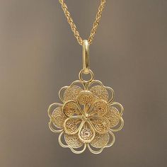 Collar de la flor de filigrana de oro chapado en plata peruana - Yellow Rose | NOVICA Picture Pendant Necklace, Gold Pendant Jewelry, Silver Jewels, Bridal Gold Jewellery, Rose Gold Jewelry, Simple Jewelry, Gold Jewelry Fashion