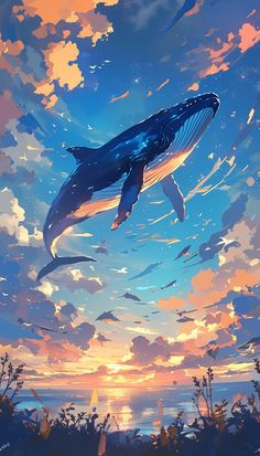 a painting of a humpback whale swimming in the ocean at sunset or sunrise