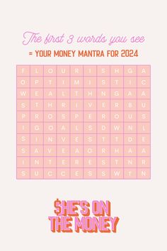 a pink and red poster with the words she's on the money in it