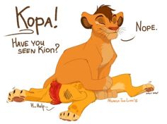 a cartoon lion sitting on the ground with words above it that say kopa have you seen kion?