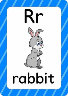 a blue and white sign that says r is for rabbit