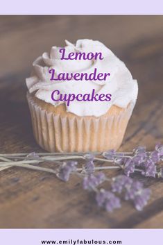 lemon lavender cupcakes with white frosting on top