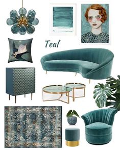 a living room filled with furniture and decor in shades of teal, gold, and blue