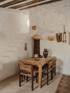 a table and chairs in a room with white walls