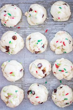 white chocolate chip cookies with sprinkles on a baking sheet, ready to be baked