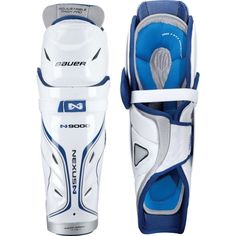 a pair of white and blue soccer shins