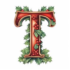 the letter t is decorated with holly and berries