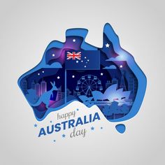 an australia day greeting card with the australian flag and silhouettes of buildings in blue