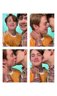 four pictures of two people kissing each other