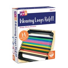 a box with many colored pencils in it and the title, myd weaving loops refill