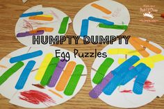 four egg puzzles with the words humpty dumppy written on them and colored paper