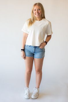 These high rise denim shorts are adorable and just in time for summer! They are uniquely bleached and splattered– every one is slightly different from the next. Pair with our Short Sleeve Crop Top. 93% cotton, 6% elasterell, 1% elastaneCare instructions: machine wash cold, tumble dry low Short Sleeve Crop Top, High Rise Denim Shorts, Short Sleeve Cropped Top, High Rise Shorts, High Rise Denim, Just In Time, In Time, Denim Shorts, High Rise