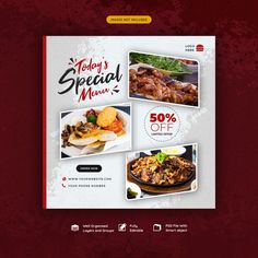 a restaurant menu is displayed on the red background with white and black lettering that reads today's special menu 50 % off