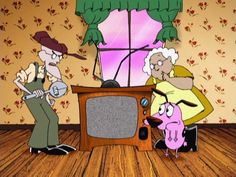 two cartoon characters are standing in front of an old fashioned tv and one is playing the guitar