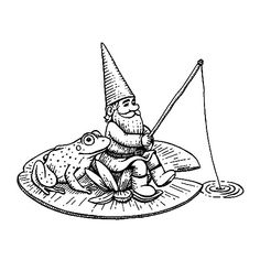 a black and white drawing of a gnome sitting on a plate with a fish in it