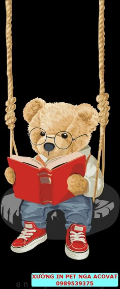 a teddy bear is sitting on a swing reading a book and holding a red book