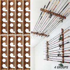 the four groups of fishing rods are hanging on the wall and there is no image above them