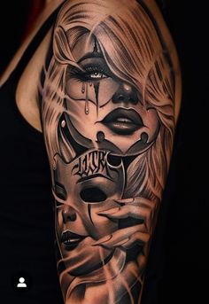 a woman's half sleeve tattoo with black and grey artwork on her left arm