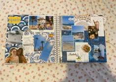 an open scrapbook with pictures and words on the pages is laying on a bed