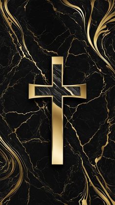 a cross on a black and gold marble background