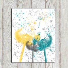 three dandelions on a white background with blue, yellow and green