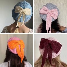 four different types of hats with bows on the top and bottom, one in pink, one in blue