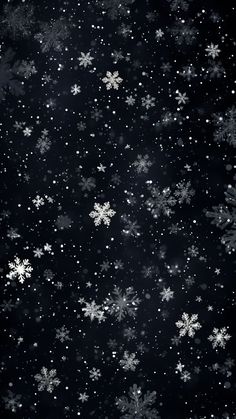 snow flakes are falling down on a black background with white stars in the sky