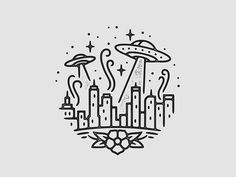 an alien city with flying saucers in the sky and stars above it, on a gray background