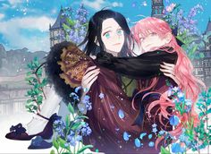 two anime characters hugging each other in front of a blue sky and flowery background