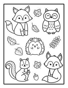 a coloring page with different animals and leaves