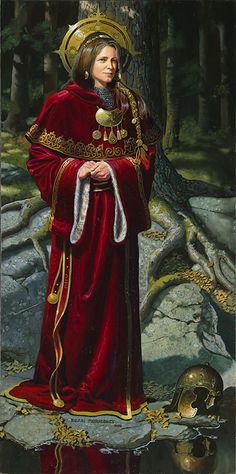 a painting of a person in a red robe and gold crown standing next to a tree