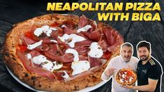 a man is holding up a pizza with meat on it and the words neapolian pizza with biga in front of him