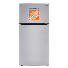 a silver refrigerator with an orange sticker on the door that says exclusivity at home depot