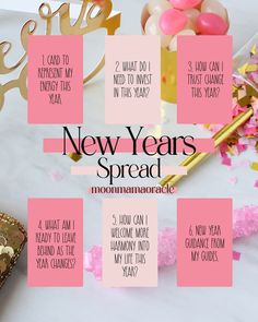 the new year's spread with pink and gold decorations, confetti, and candy