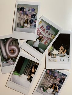 several polaroid photos of people sitting at a table with cake and balloons on it