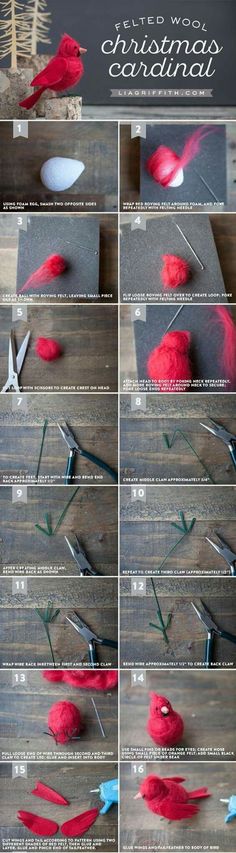 the instructions for how to make a red bird ornament with yarn and scissors