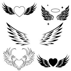 wings and hearts tattoo designs on white background