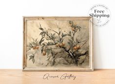 a painting is hanging on the wall next to a wooden shelf with a sign that says free shipping