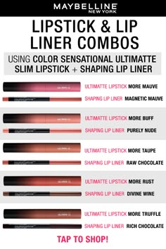 Lipstick and Lip Liner Combos Maybelline Ultimatte Lipstick, Lip Liner And Lipstick Combos, Fuller Lips Makeup, Perfect Lip Combo, Ombré Lip, Lip Liner And Lipstick, Maybelline Lipstick, Beauty And The Beat, Maybelline Color Sensational