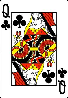 the queen of spades playing card is shown in black and yellow, with two hearts on