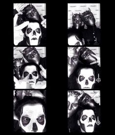 black and white photos of people with makeup on their faces, including the woman's face painted like a skeleton